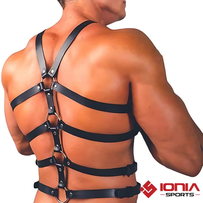 Black leather torso harness
